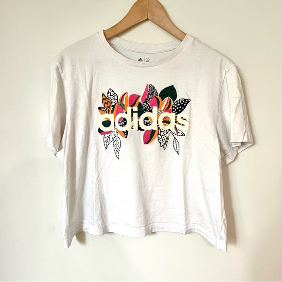 Adidas x Farm Rio Floral Logo Cropped White T Shirt Size Large - Picture 5 of 9